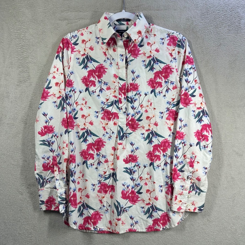 Lands End Floral Button Down Women 2 White Pink No Iron Supima Cotton Blouse